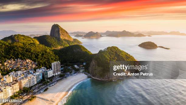 rio de janeiro at sunrise, brazil. copacabana beach at dawn, aerial view. - rio de janeiro stockfoto's en -beelden
