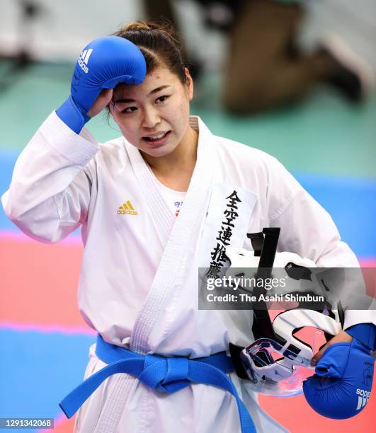 Ayumi Uekusa reacts after her defeat in the Women's Kumite 3rd round against Airi Shima during the 48th All Japan Karate Championships at the Nippon...