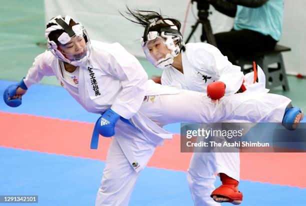 Ayumi Uekusa and Airi Shima compete in the Women's Kumite 3rd round during the 48th All Japan Karate Championships at the Nippon Budokan on December...