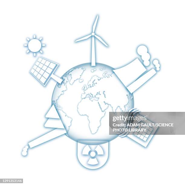 earth surrounded by all types of power station, illustration - green spaces icon stock illustrations