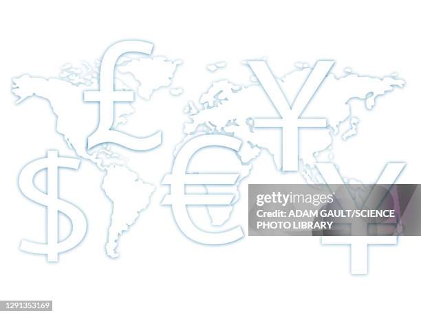 ilustrações, clipart, desenhos animados e ícones de world map with currency symbols, illustration - euro