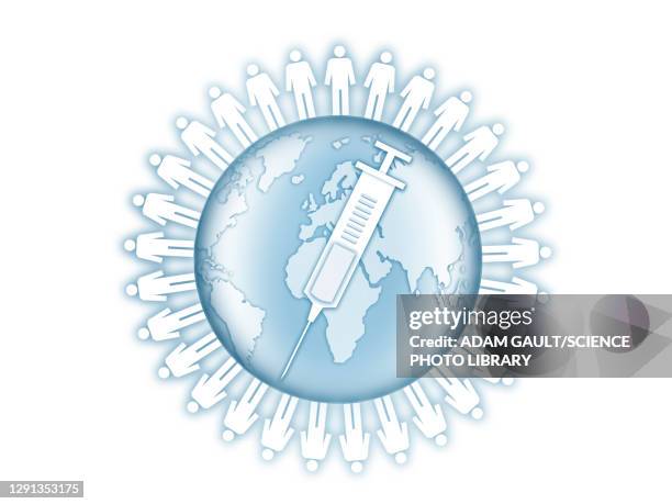 earth surrounded by people with syringe, illustration - pandémie stock illustrations