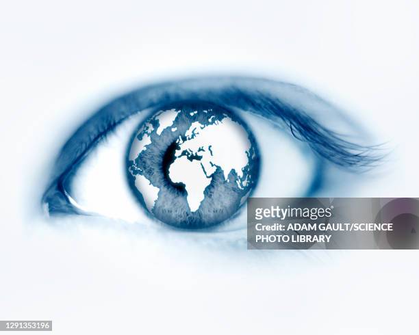 human eye with world map, illustration - iris eye stock illustrations