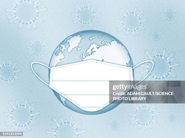 earth with face mask and covid-19 viruses, illustration - kontaminierung stock-grafiken, -clipart, -cartoons und -symbole