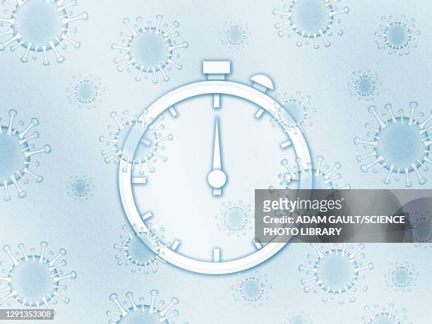 stopwatch with covid-19 viruses, illustration - kontaminierung stock-grafiken, -clipart, -cartoons und -symbole