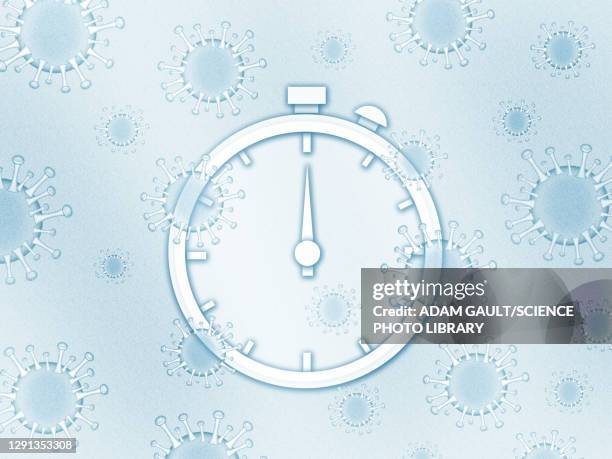 stopwatch with covid-19 viruses, illustration - biohazardous substance stock illustrations