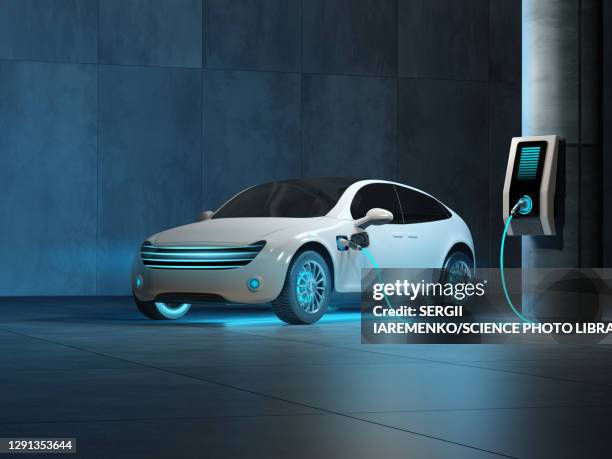 electric car charging, illustration - car 3d stock-grafiken, -clipart, -cartoons und -symbole