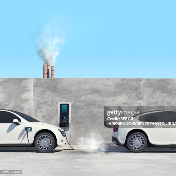 electric vs. petrol car, illustration - car pollution stock illustrations