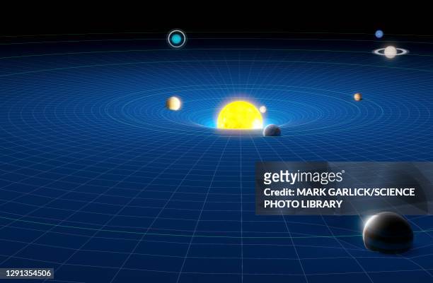 spacetime and solar system - gravitational field stock illustrations
