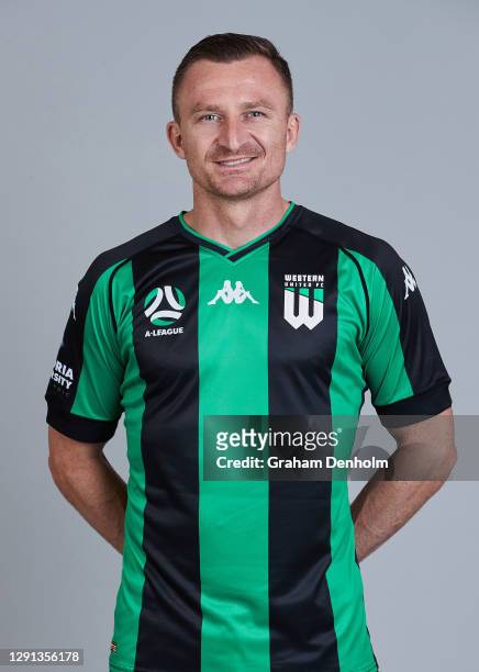 Besart Berisha of Western United poses during the Western United FC A-League 2020/21 Headshots Session at City Vista on December 15, 2020 in...