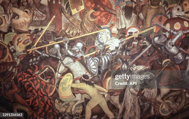 Détail de la fresque 'L'Epopée du peuple mexicain' de Diego Rivera, représentant Hernan Cortes avec ses conquistadors, au Palacio Nacional de Mexico,...