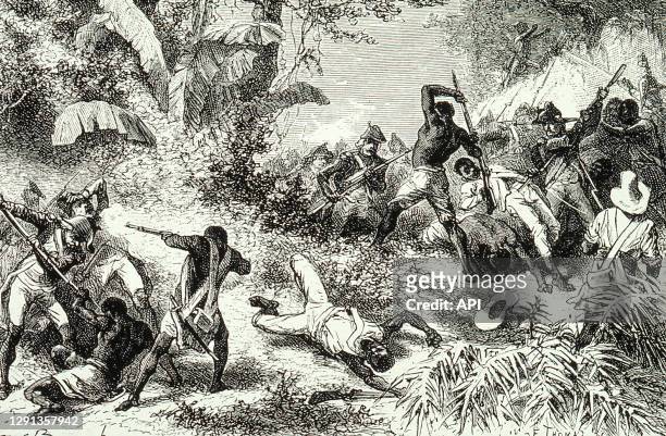 Combat entre les esclaves et l'armée française lors de la révolution haïtienne, en 1791.