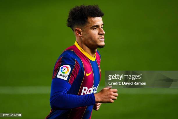 Philippe Coutinho of FC Barcelona looks on during the La Liga Santander match between FC Barcelona and Levante UD at Camp Nou on December 13, 2020 in...