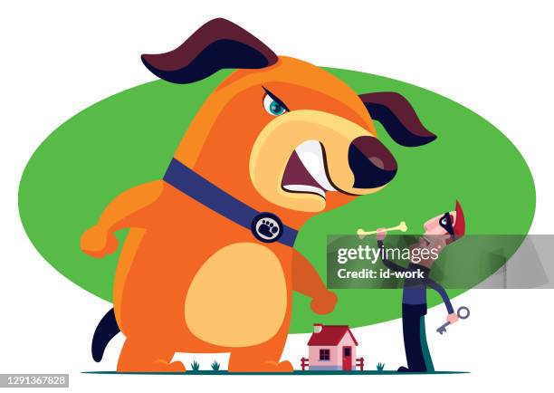 gefürchteter dieb hält knochen und treffen wütenden hund - bellen stock-grafiken, -clipart, -cartoons und -symbole