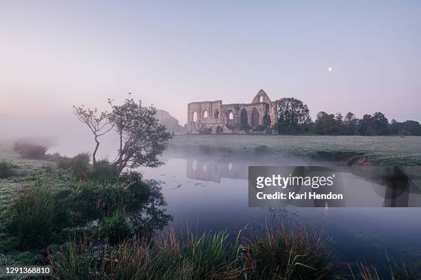 the ruins of newark abbey reflected in a stream with the setting moon, surrey - stock photo - surrey inghilterra foto e immagini stock
