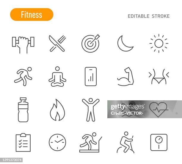 ilustraciones, imágenes clip art, dibujos animados e iconos de stock de iconos de fitness - serie de líneas - trazo editable - alimentación consciente