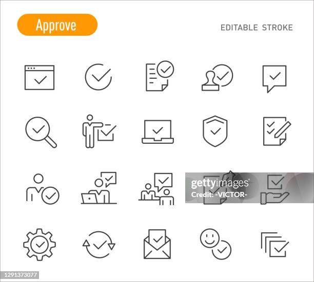 ilustraciones, imágenes clip art, dibujos animados e iconos de stock de aprobar iconos - serie de líneas - trazo editable - tick