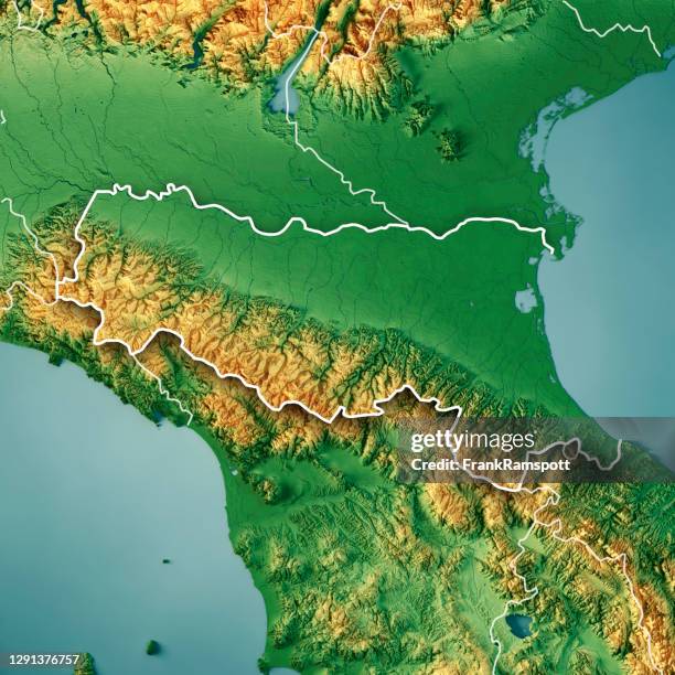 emilia-romaña italia 3d renderizar mapa topográfico color border - emilia romagna fotografías e imágenes de stock