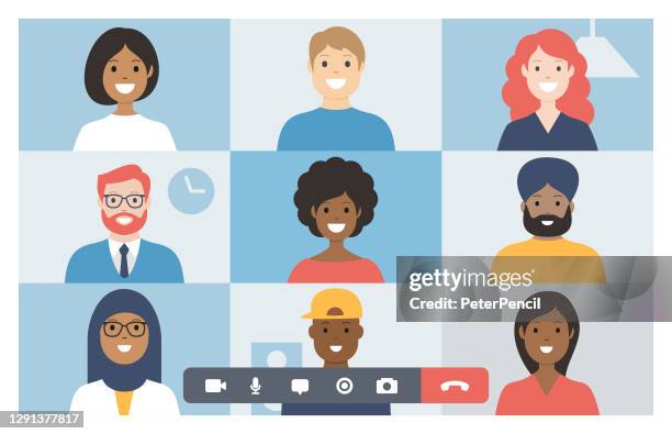 video conference. group of people on computer, laptop, notebook, tablet screen. user interface. multicultural friends and colleagues. working at home. vector stock illustration - video call stock illustrations