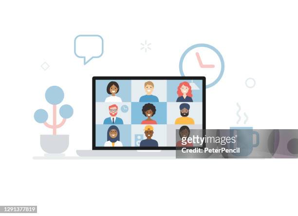 video conference. group of people on computer, laptop, notebook, tablet screen. user interface. multicultural friends and colleagues. working at home. vector stock illustration - human body part stock illustrations