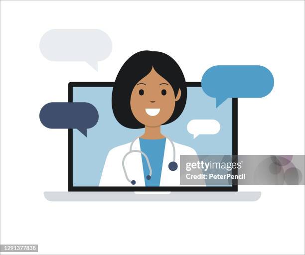 stockillustraties, clipart, cartoons en iconen met arts op laptop computerscherm. telegeneeskunde. medisch consult. illustratie van vectorvoorraad - vrouwelijke dokter