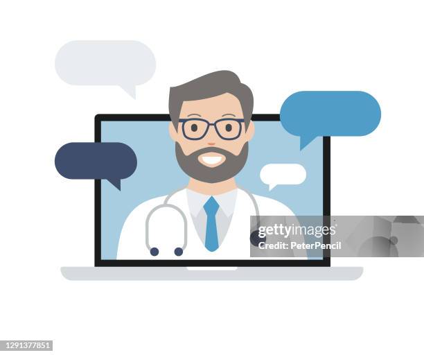 stockillustraties, clipart, cartoons en iconen met arts op laptop computerscherm. telegeneeskunde. medisch consult. illustratie van vectorvoorraad - tekentablet