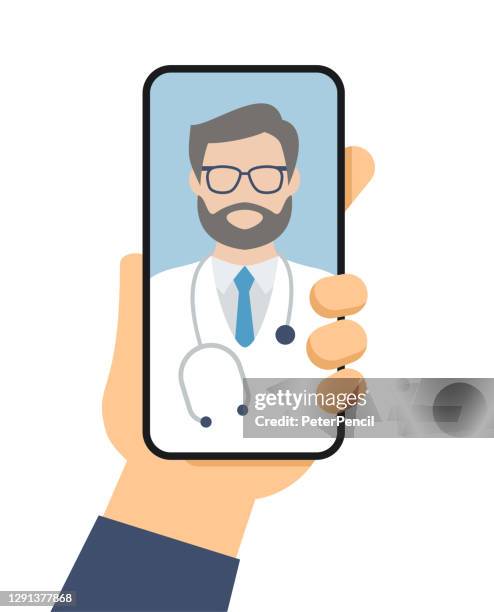 doctor on smartphone screen. hand holding smart phone. telemedicine. medical consultation. vector stock illustration - smiling-man-at-computer stock illustrations