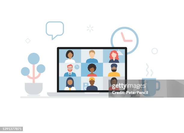video conference. group of people on computer, laptop, notebook, tablet screen. user interface. multicultural friends and colleagues. empty faces. working at home. vector stock illustration - man on video call stock illustrations
