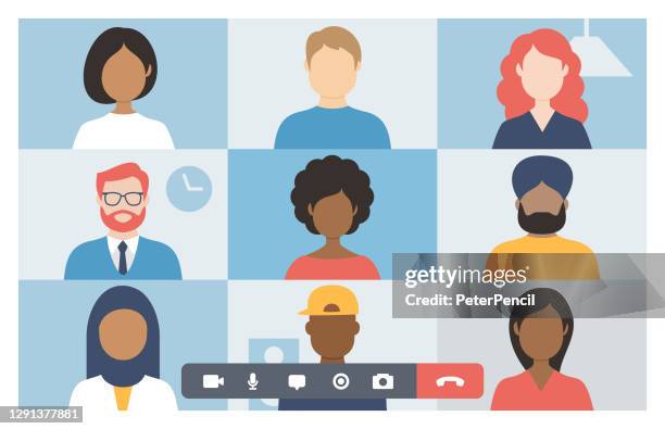 video conference. group of people on computer, laptop, notebook, tablet screen. user interface. multicultural friends and colleagues. empty faces. working at home. vector stock illustration - video call screen stock illustrations