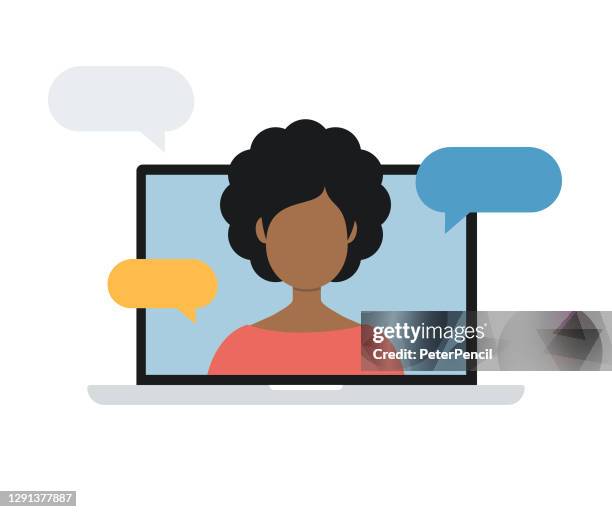 woman on laptop computer screen. talking. vector stock illustration - graphics tablet stock illustrations