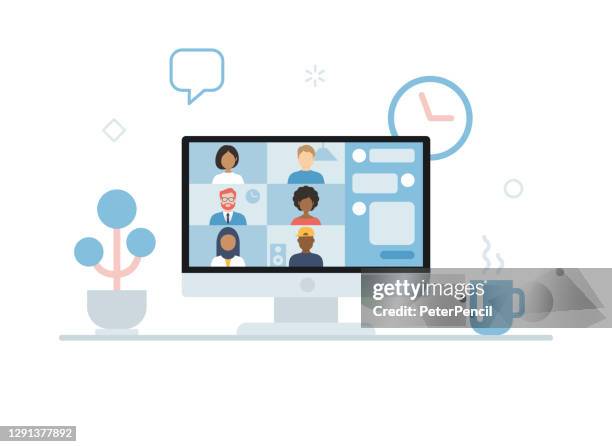 video conference. group of people on computer screen. user interface. multicultural friends and colleagues. empty faces. working at home. vector stock illustration - asian man using computer stock illustrations