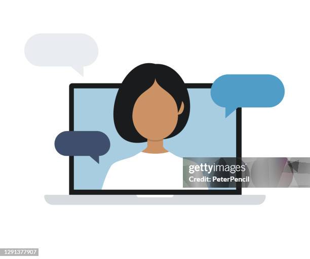 frau auf laptop-computer-bildschirm. sprechen. vektor-stock-illustration - one person stock illustrations stock-grafiken, -clipart, -cartoons und -symbole