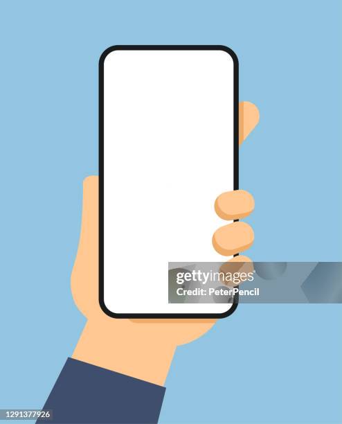 hand holding smart phone. empty screen. mock up. template. vector stock illustration - computer screen mockup stock illustrations