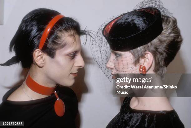 Angie Bowie backstage at the BBC TV show 'The Old Grey Whistle Test' with Mick Karn, bass player from the band Japan, London, 8th December 1982.