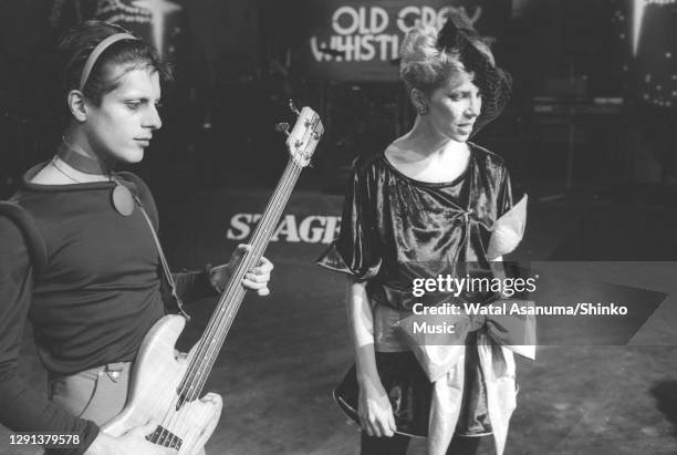 Angie Bowie performs on the BBC TV show 'The Old Grey Whistle Test' with Mick Karn, bass player from the band Japan, London, 8th December 1982.