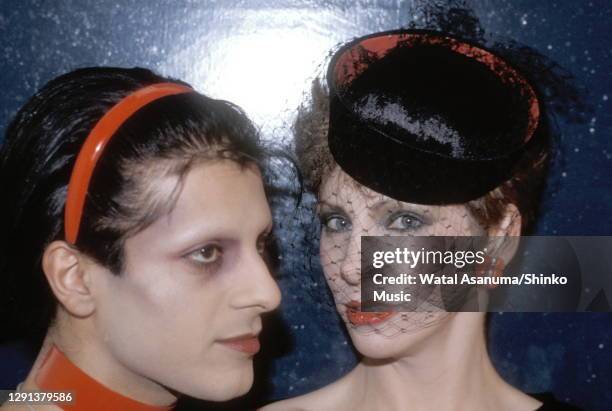 Angie Bowie backstage at the BBC TV show 'The Old Grey Whistle Test' with Mick Karn, bass player from the band Japan, London, 8th December 1982.