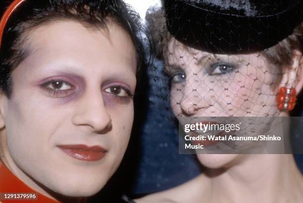 Angie Bowie backstage at the BBC TV show 'The Old Grey Whistle Test' with Mick Karn, bass player from the band Japan, London, 8th December 1982.