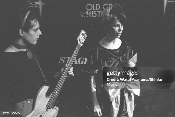 Angie Bowie performs on the BBC TV show 'The Old Grey Whistle Test' with Mick Karn, bass player from the band Japan, London, 8th December 1982.