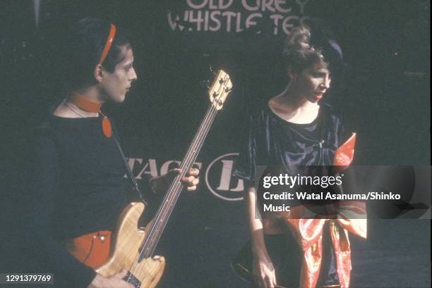 Angie Bowie performs on the BBC TV show 'The Old Grey Whistle Test' with Mick Karn, bass player from the band Japan, London, 8th December 1982.