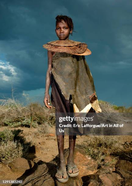 Portrait of a Pokot tribe girl wearing a huge necklace, Baringo County, Baringo, Kenya on July 17, 2009 in Baringo, Kenya.