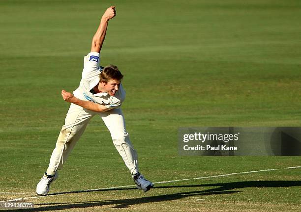 James Faulkner of the Tigers bowls during day three of the Sheffield Shield match between the Western Australia Warriors and the Tasmania Tigers at...