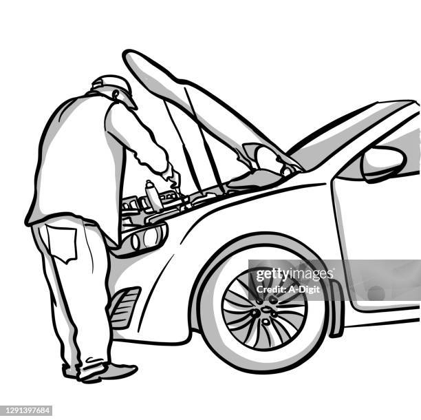 ilustraciones, imágenes clip art, dibujos animados e iconos de stock de comprobación del petróleo - lube checking