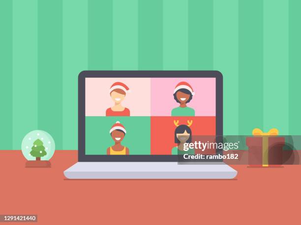 young people celebrating christmas using webcam and online meeting at home in isolation. - distant family stock illustrations