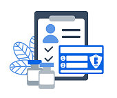 Passport card of recipient of coronavirus vaccine. Two-Dose Vaccination Covid-19. List of reminders for second injection. Repeated immunization. Bottles antivirus on schedule. Vector flat illustration
