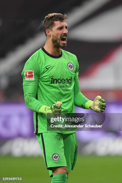 Kevin Trapp of Eintracht Frankfurt celebrates his sides first goal during the Bundesliga match between Eintracht Frankfurt and Borussia...