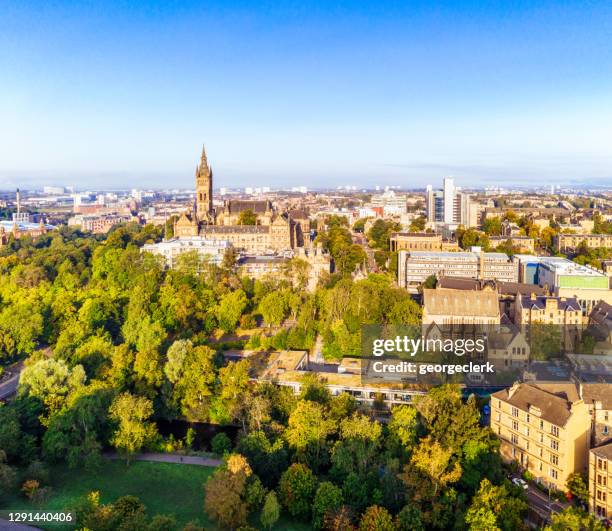 dear green place - glasgow from the air - glasgow university stock pictures, royalty-free photos & images