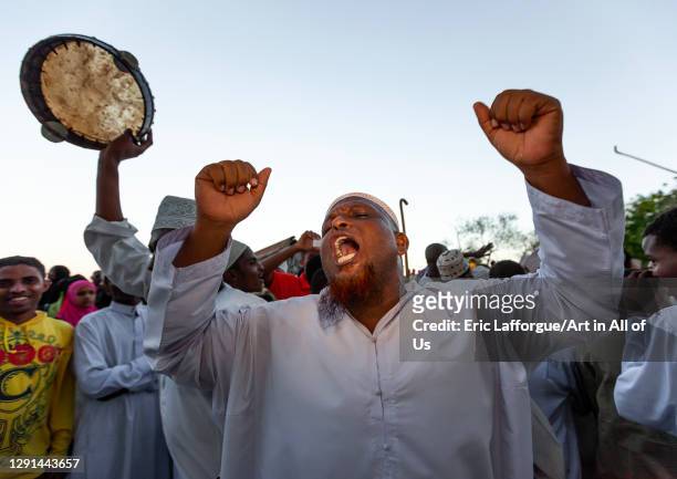 Muslim men celebrating the Maulid festival, Lamu County, Lamu, Kenya on March 5, 2011 in Lamu, Kenya.