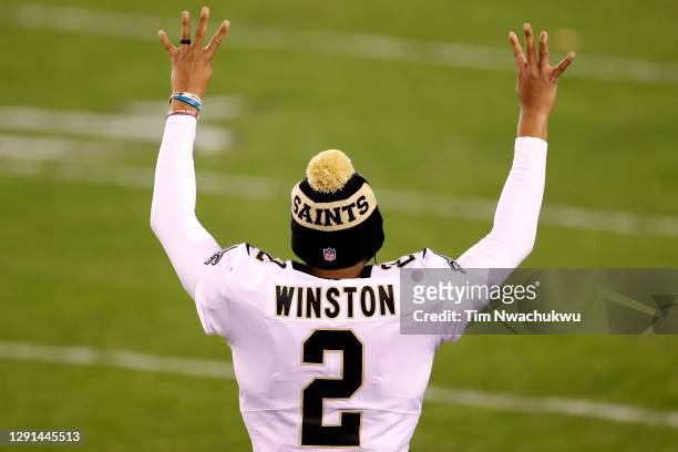 Jameis Winston of the New Orleans Saints signals for the fourth quarter at Lincoln Financial Field on December 13, 2020 in Philadelphia, Pennsylvania.