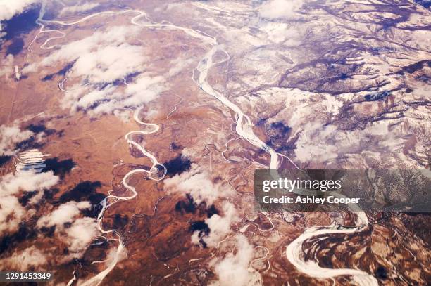 the frozen tundra from air in eastern siberia, russia. - permafrost stock-fotos und bilder