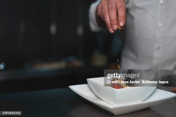 close-up of a chef's hand plating a seafood cream. decoration. dark food - food plating fotografías e imágenes de stock